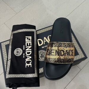 Versace X Fendi Black and Gold Men's Slide Sandals